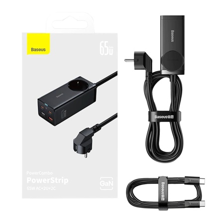 Сетевой фильтр Baseus PowerCombo, 2 USB + 2 USB TypeC, 1 розетка, 65 Вт