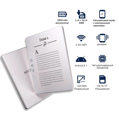 Электронная книга MSOL E7, 5.8", 32ГБ, Android 11, E-Ink экран, белая + чехол