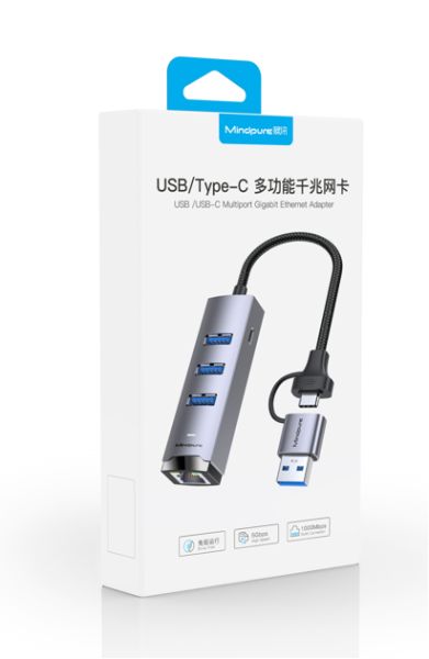 Сетевая карта USB3.0 (TypeC) + USB3.0 HUB 3-порта Mindpure UR011, LX10773, 1000 Мбит/с