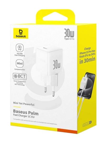 Сетевое зарядное устройство Baseus Palm Fast Charger (CCZC30CE), PD 30 Вт, USB Type C, белый