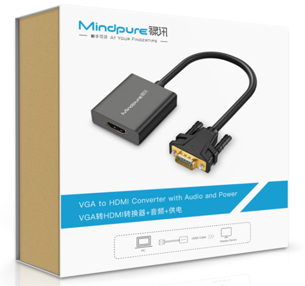 Конвертер VGA M - HDMI F + 3.5 мм + питание 5V, Mindpure AD031, LX10366