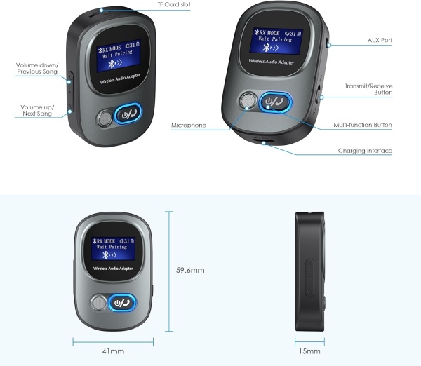 Аудиоприёмник - передатчик T68, 3.5/TF, Bluetooth 5.3, ЖК-дисплей