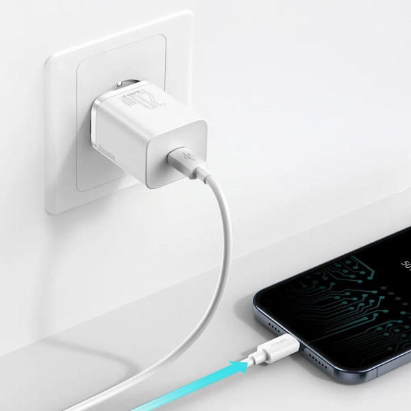 Сетевое зарядное устройство Baseus Super Si, 3 A, 20 Вт, USB Type C - Lightning - 1 м, белое