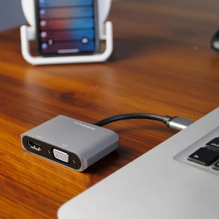 Конвертер USB 3.0 AM - HDMI F + VGF F + USB 2.0, Hagibis UHV3