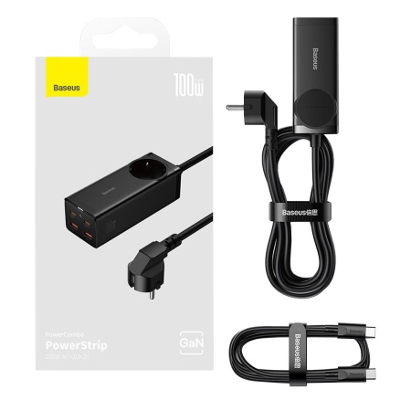 Сетевой фильтр Baseus PowerCombo, 2 USB + 2 USB TypeC, 1 розетка, 100 Вт